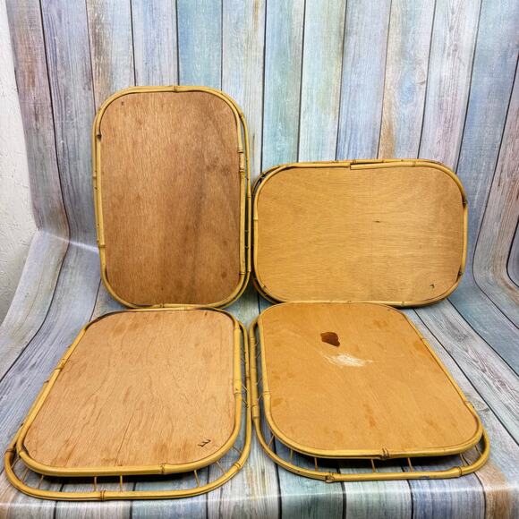 MCM Wicker Rattan Bamboo Serving Tray Set of 4 Tiki Tropical Beach Lap Vintage - Picture 5 of 8